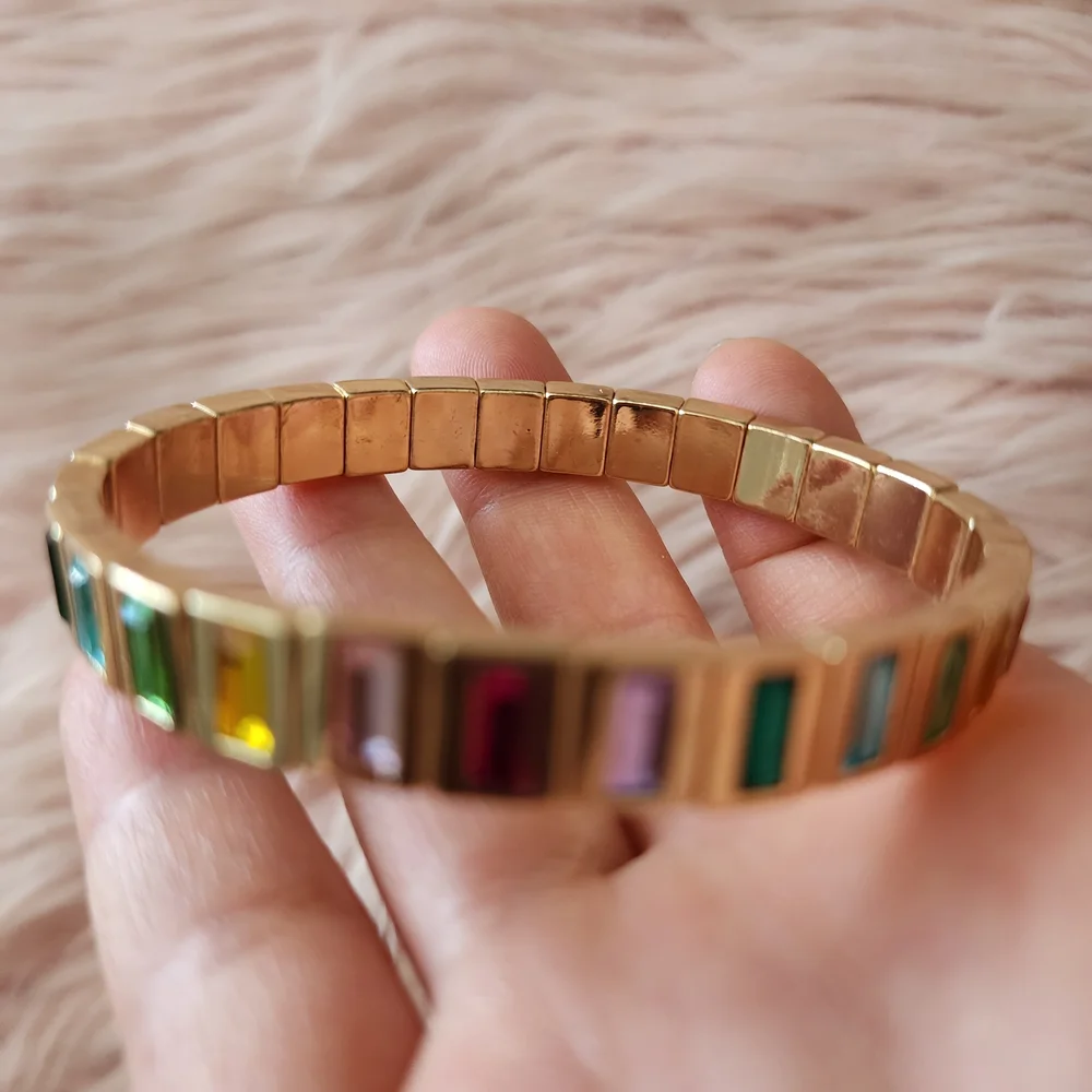 Vibrant Rainbow Rhinestone Bracelet Gold Tone Baguette Crystal Stretch Jewelry